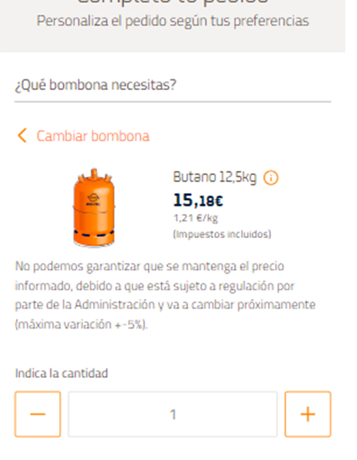 Seleccionar cantidad de bombonas en Repsol