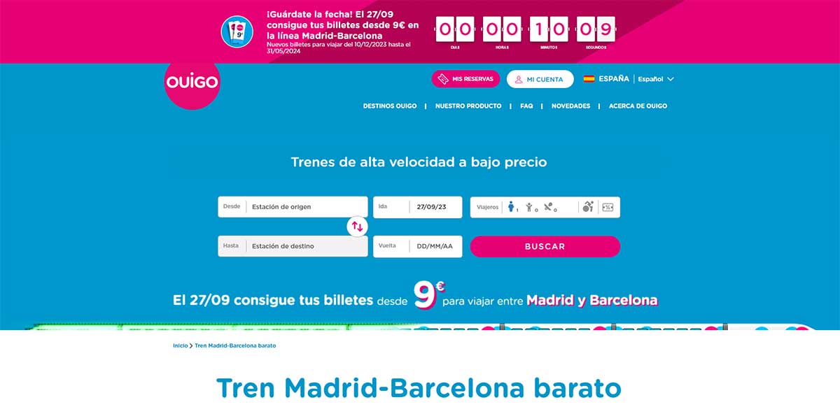 Comprar billete de Ouigo Madrid-Barcelona.