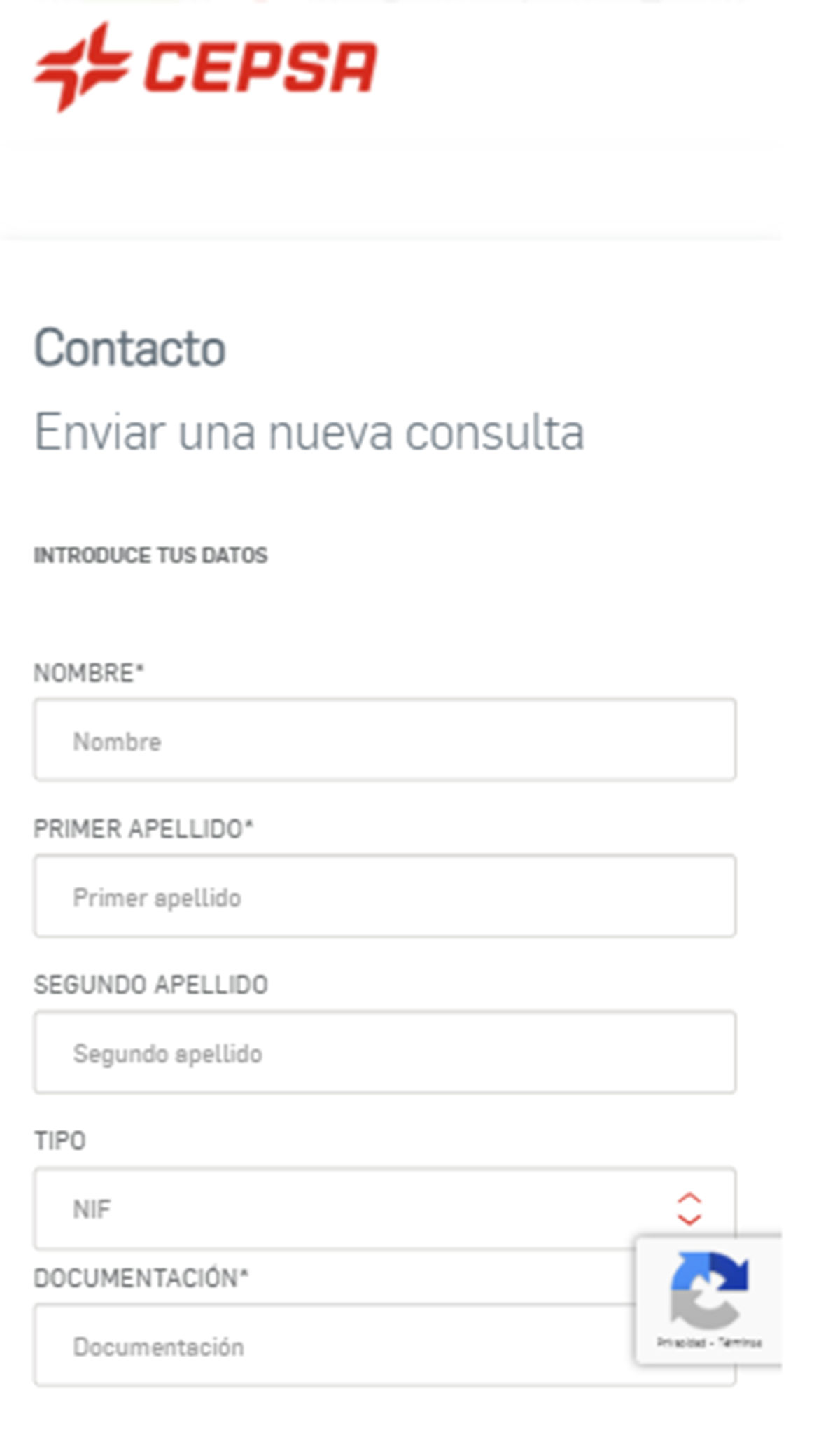 Datos personales para pedir bombona en Cepsa