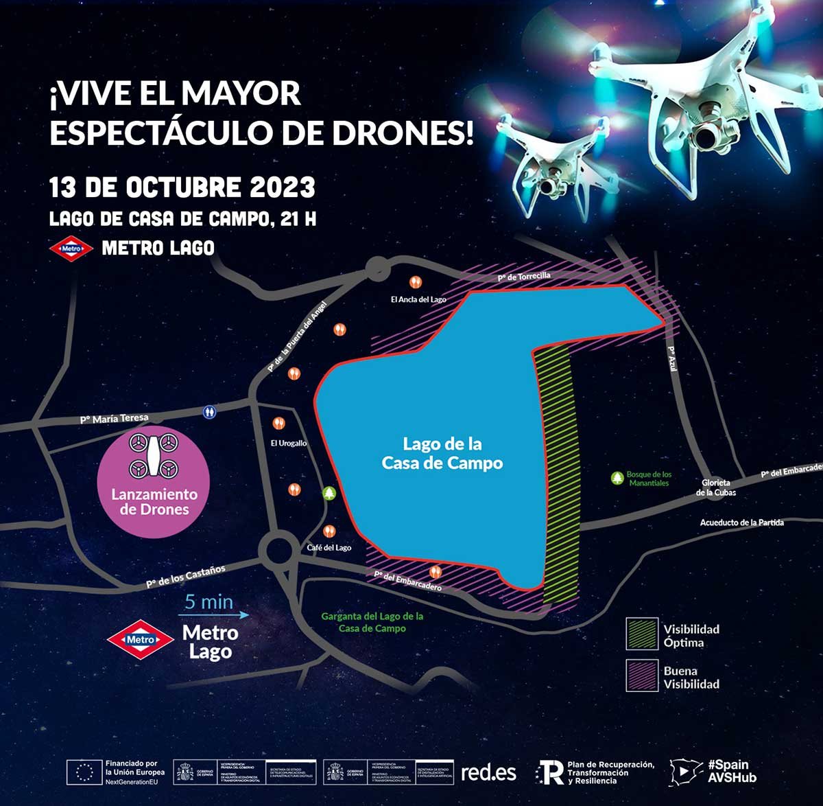 Mapa del espectáculo de drones en el lago de la Casa de Campo de Madrid.