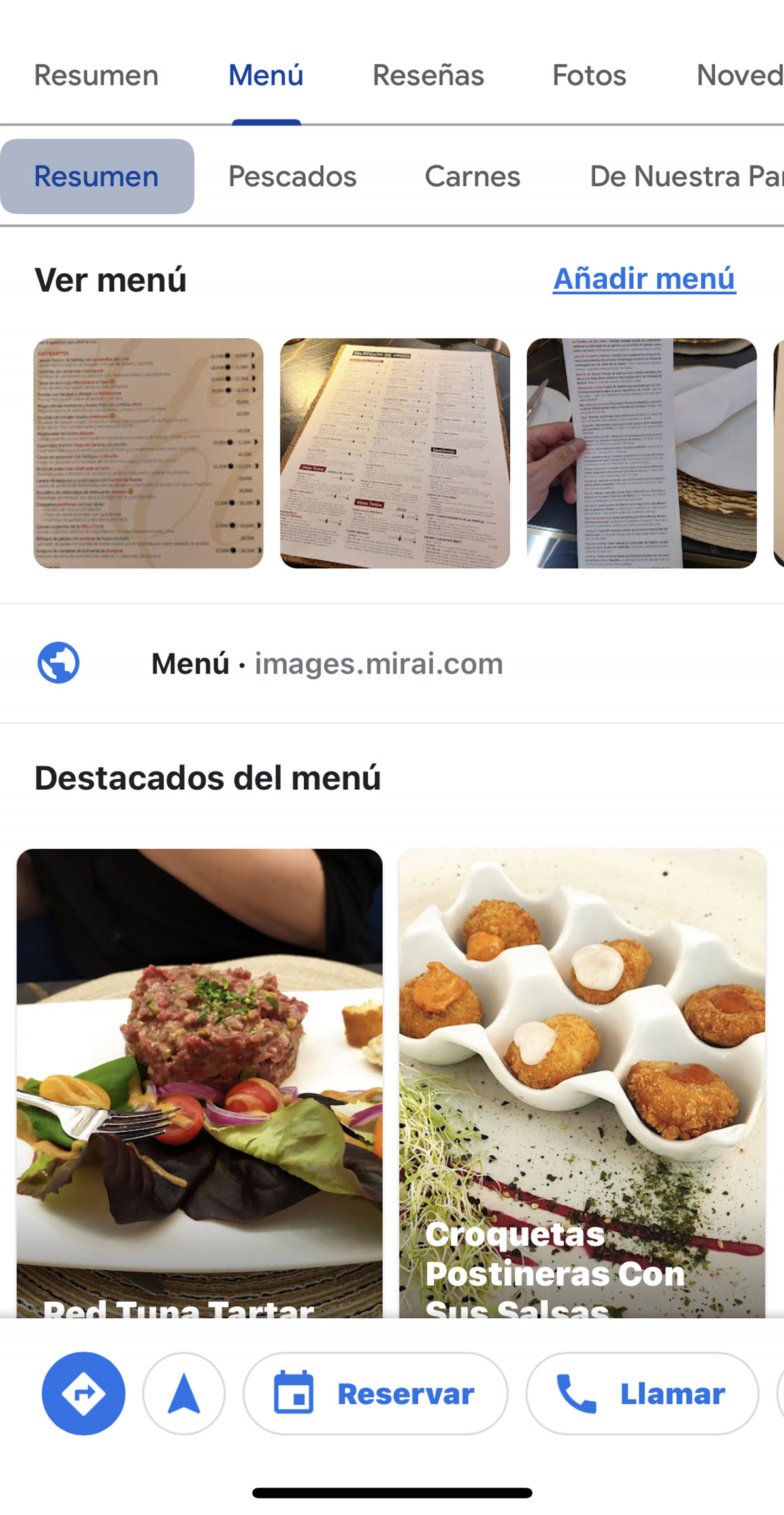 Menú y carta de los restaurantes