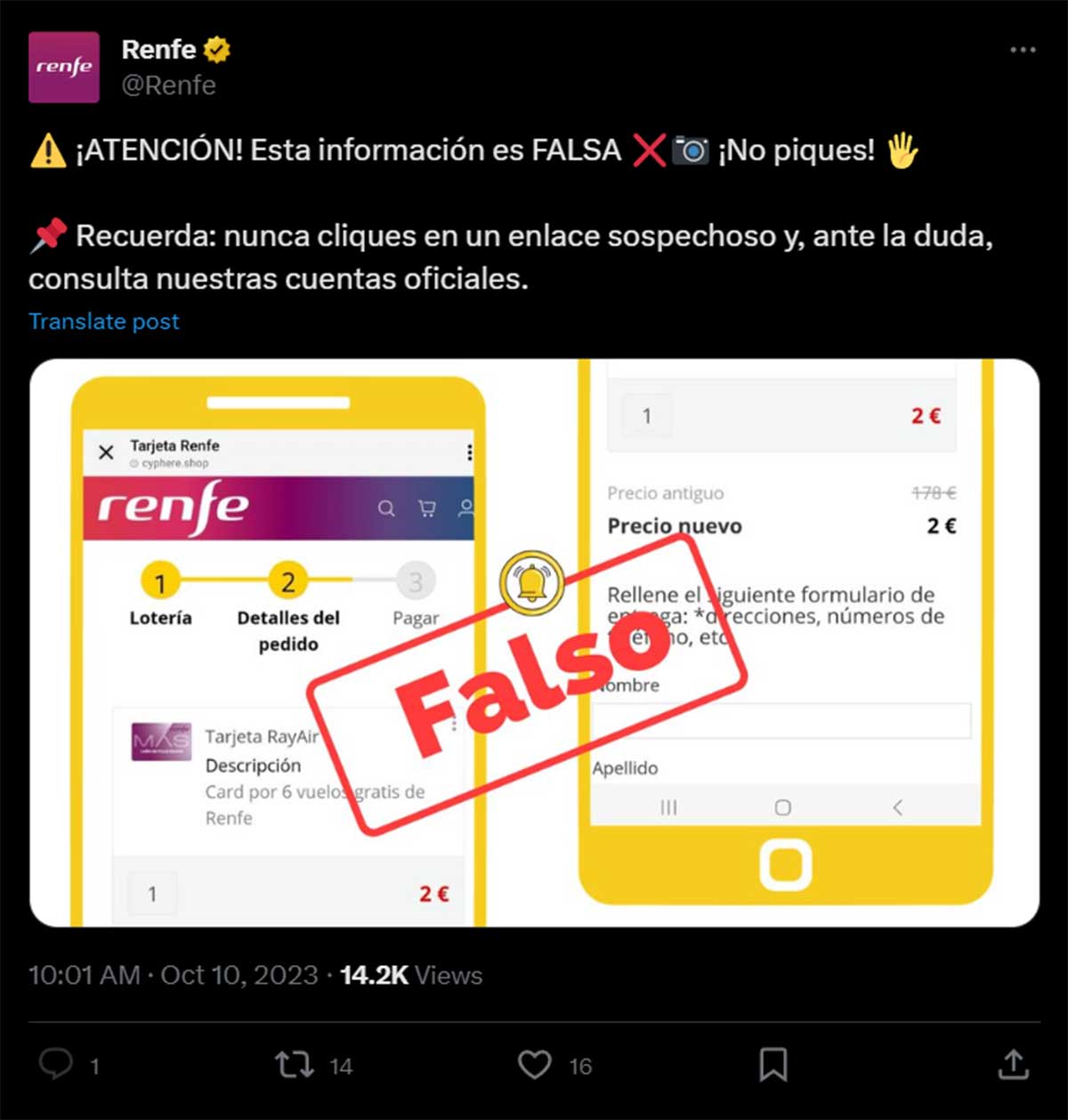 Tuit de Renfe alertando de un intento de estafa.
