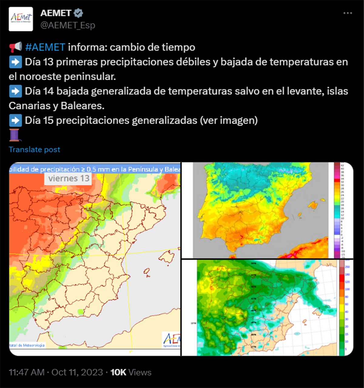 Previsión de la Aemet para el Puente del Pilar.