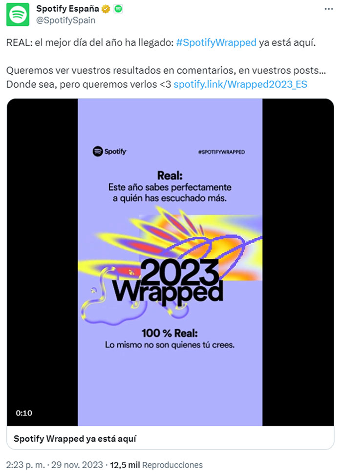 Tuit de Spotify España presentado el Wrapped 2023.