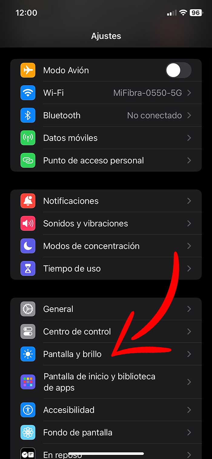 Ajustes de brillo iPhone.