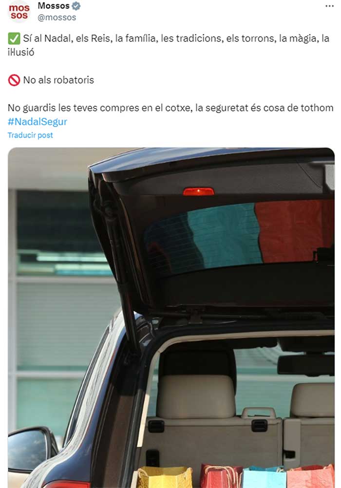Tuit informativo de los Mossos para evitar robos en el coche en Navidad.