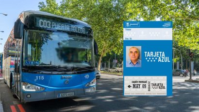 Autobús de la EMT junto con la Tarjeta Azul de Madrid.