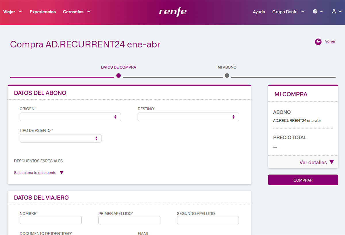 Formulario de Renfe para solicitar el abono gratuito.