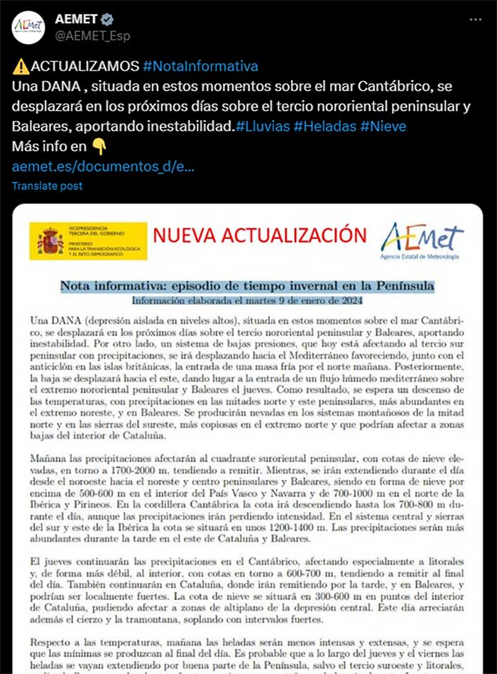 Alerta de nevada de la Aemet en Twitter.