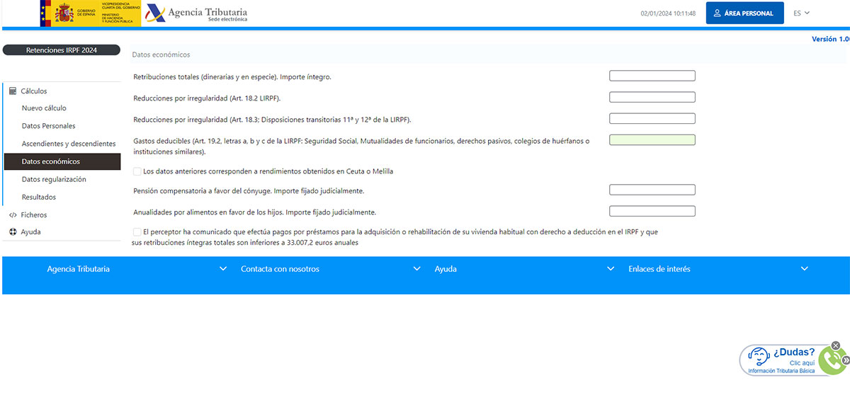 Datos económicos calculadora de retenciones de Hacienda.