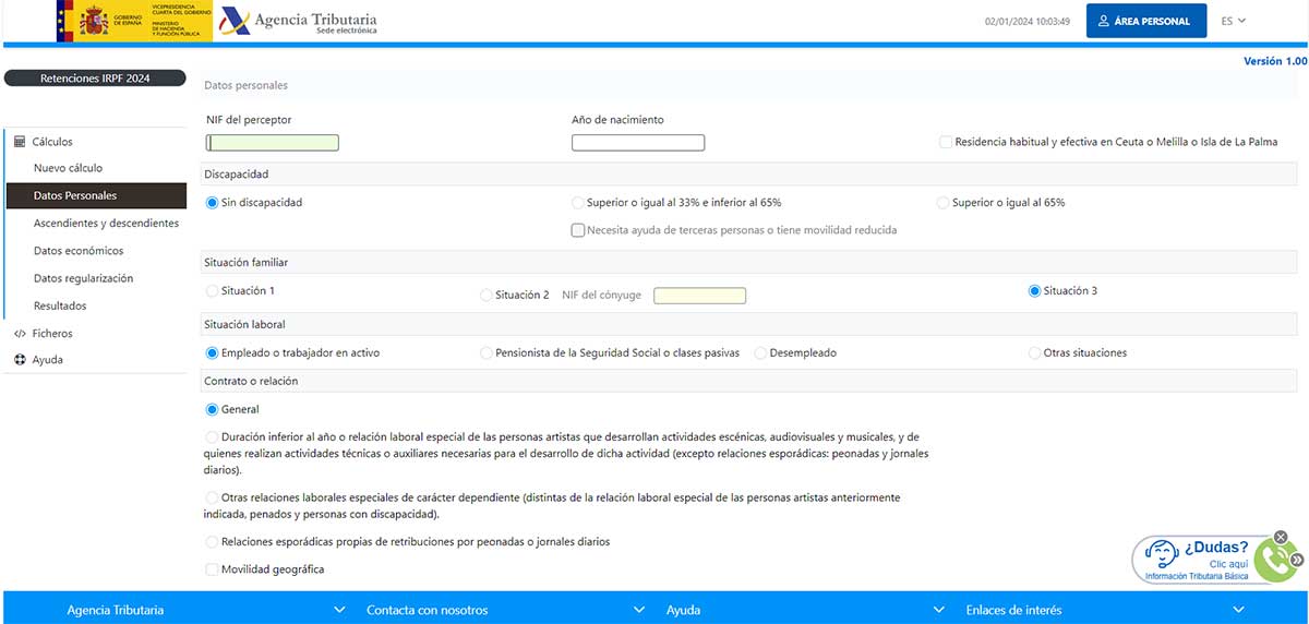 Calculadora de Hacienda, apartado de datos personales.
