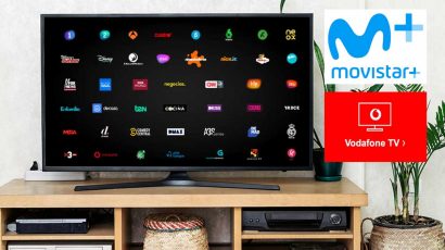 Televisor con una lista de canales y los logos de Movistar Plus+ y Vodafone TV.