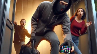 Un ladrón robando un iPhone a una mujer.