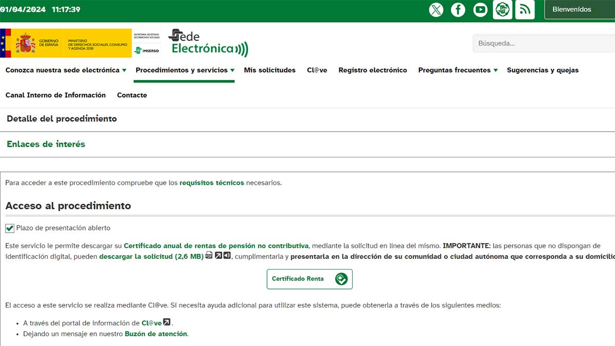Certificado anual de rentas de pensión no contributiva.