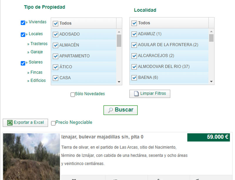 Listado de viviendas con filtro