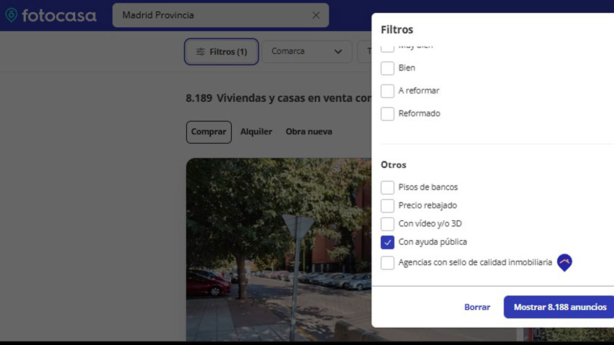 El nuevo filtro de Fotocasa para encontrar viviendas con ayudas públicas.