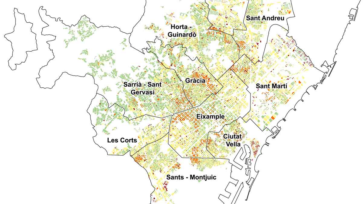 Mapa de Barcelona según la vulnerabilidad al calor de las viviendas.