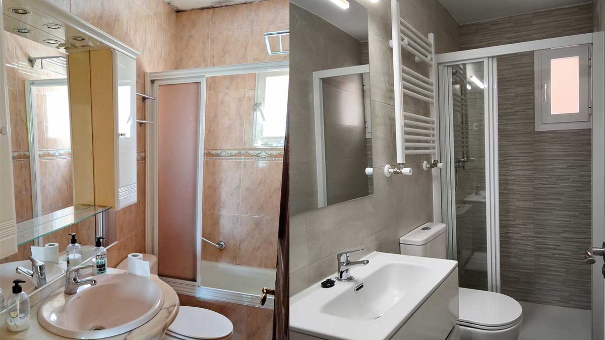 Un baño reformado antes y después de la reforma.
